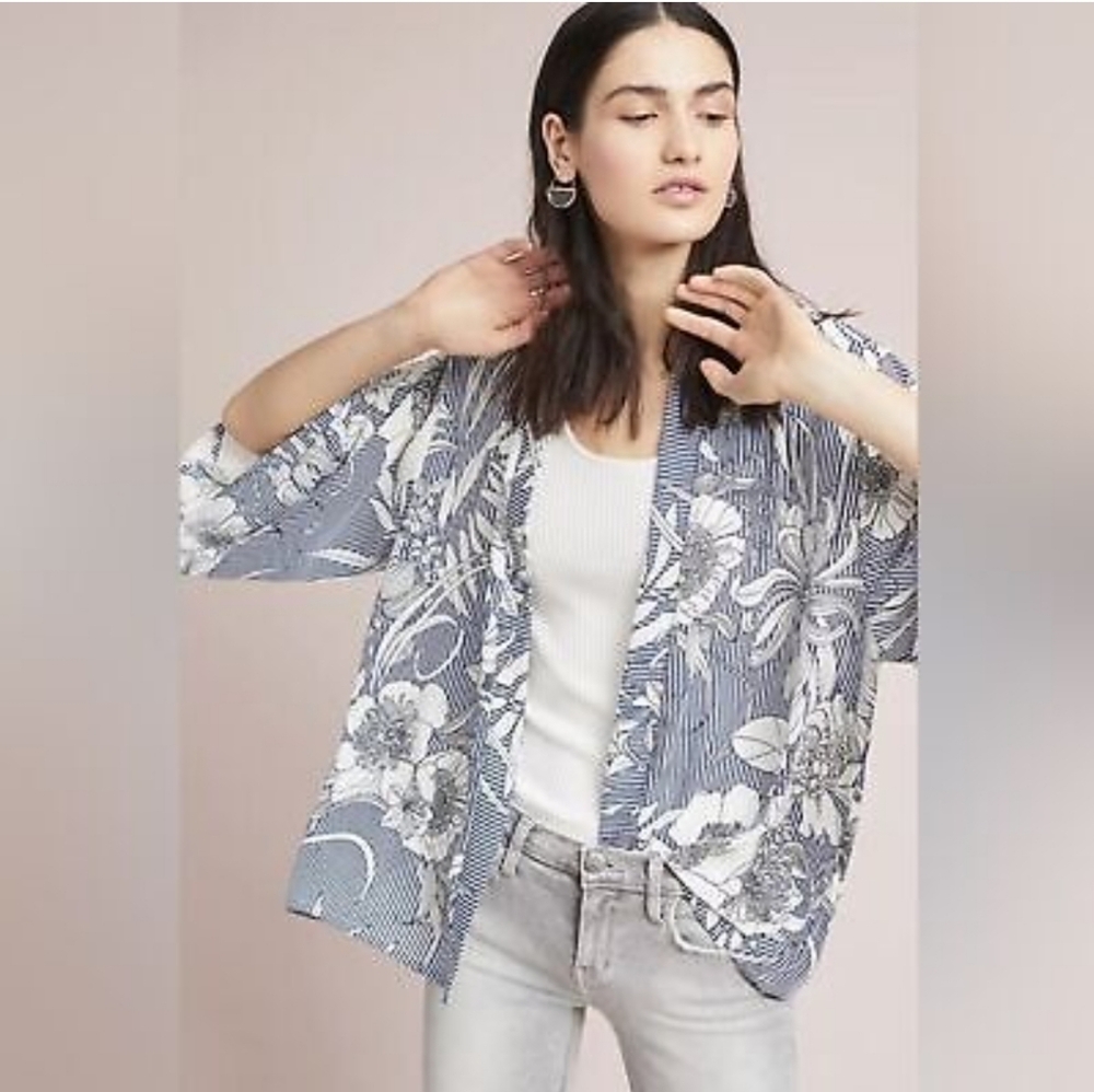 NWOT Anthropologie Akemi+Kin Floral Kimono Cardigan Blue White Striped, One Size